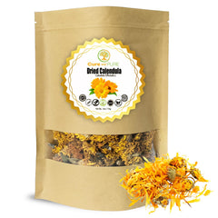 Cure Wid Pure calendula flowers in a resealable bag ready for skincare blends.