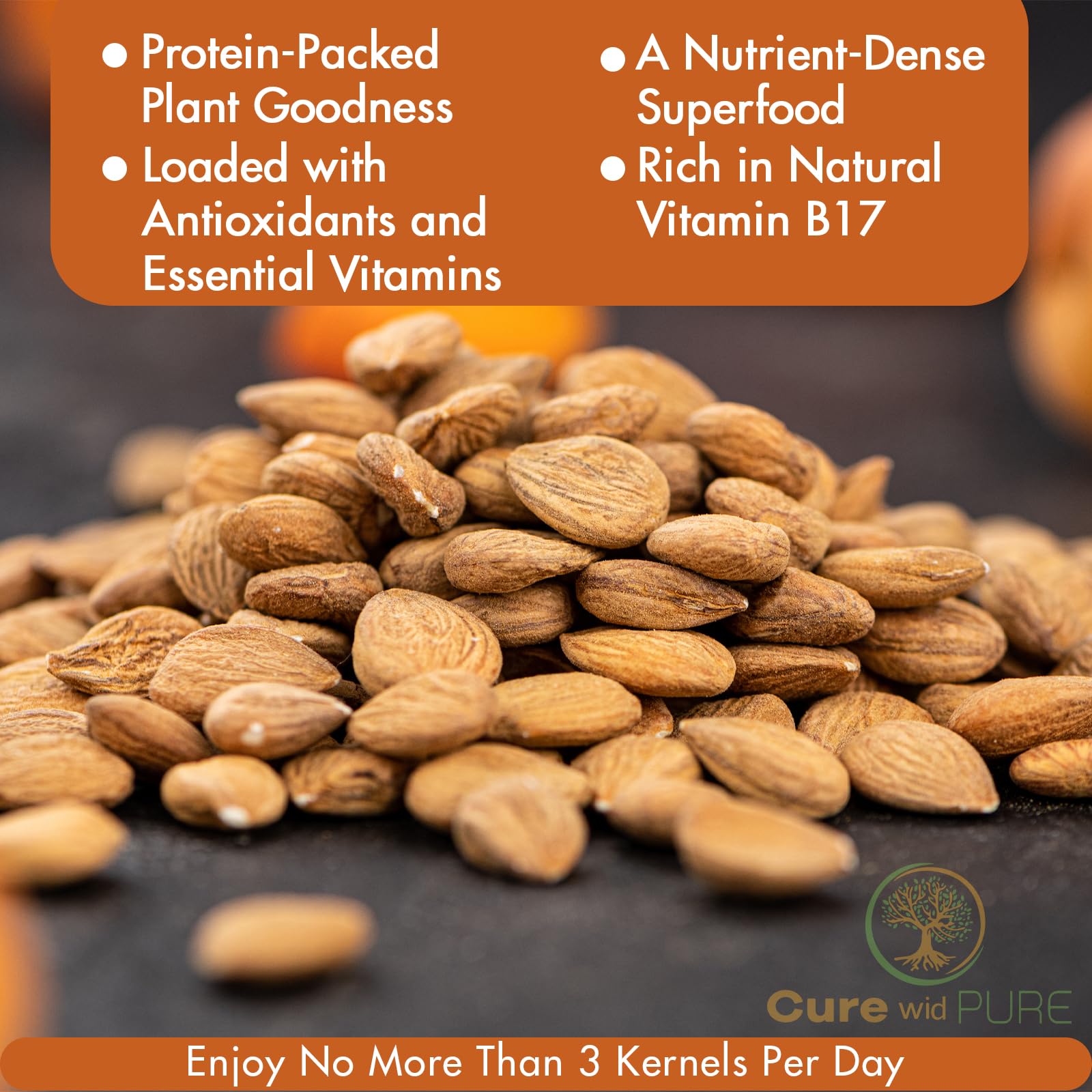 Cure wid Pure ground apricot seeds beside smoothie bowl for grinding use.
