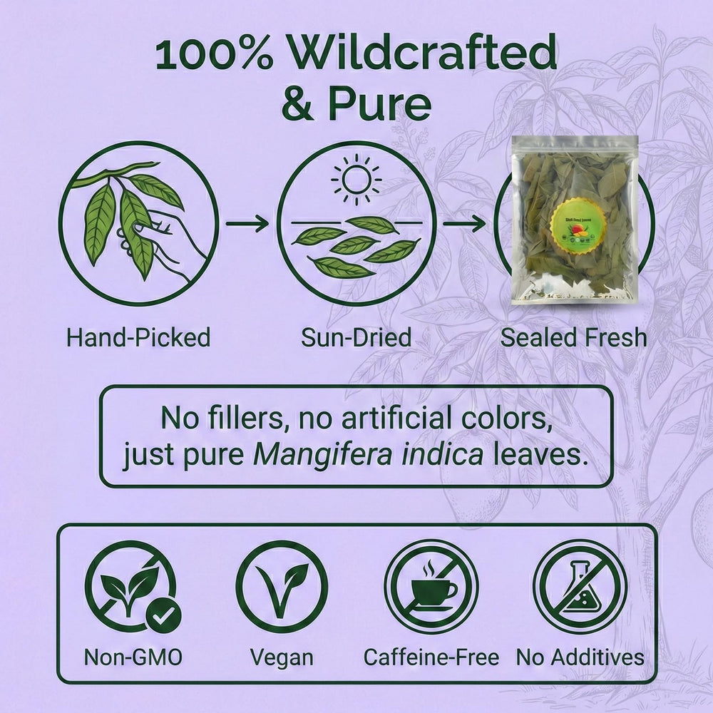 Cure wid Pure mango leaves—caffeine-free, relaxing infusion suitable any time.