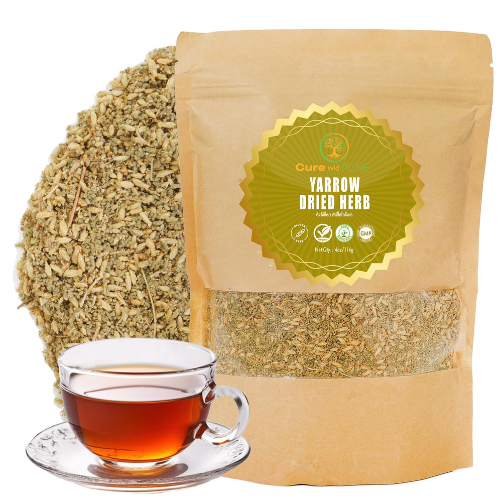 Cure wid Pure dried yarrow flowers ready for tea infusion and soothing aroma.