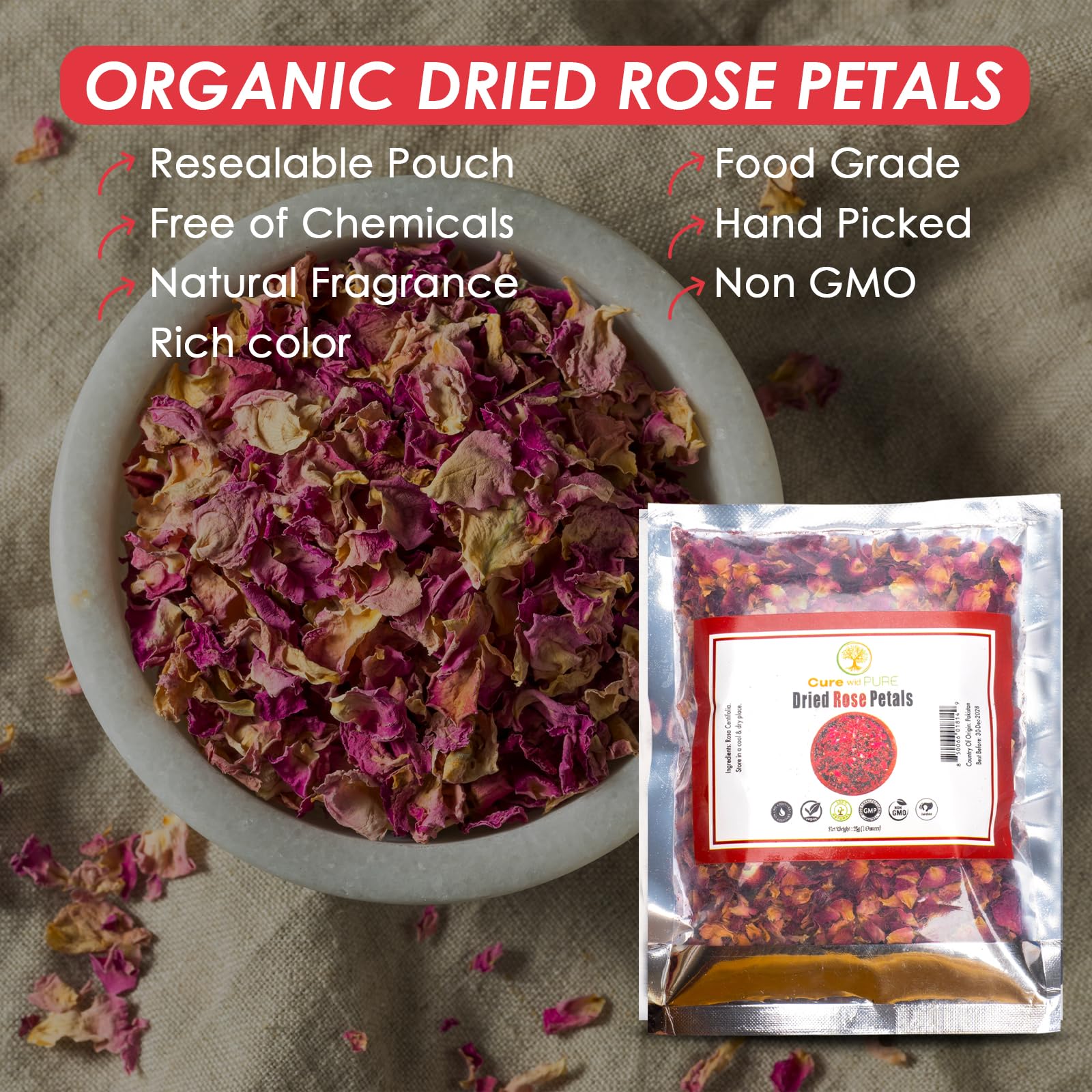 Cure Wid Pure rose petals for candy or dessert toppings add edible elegance.