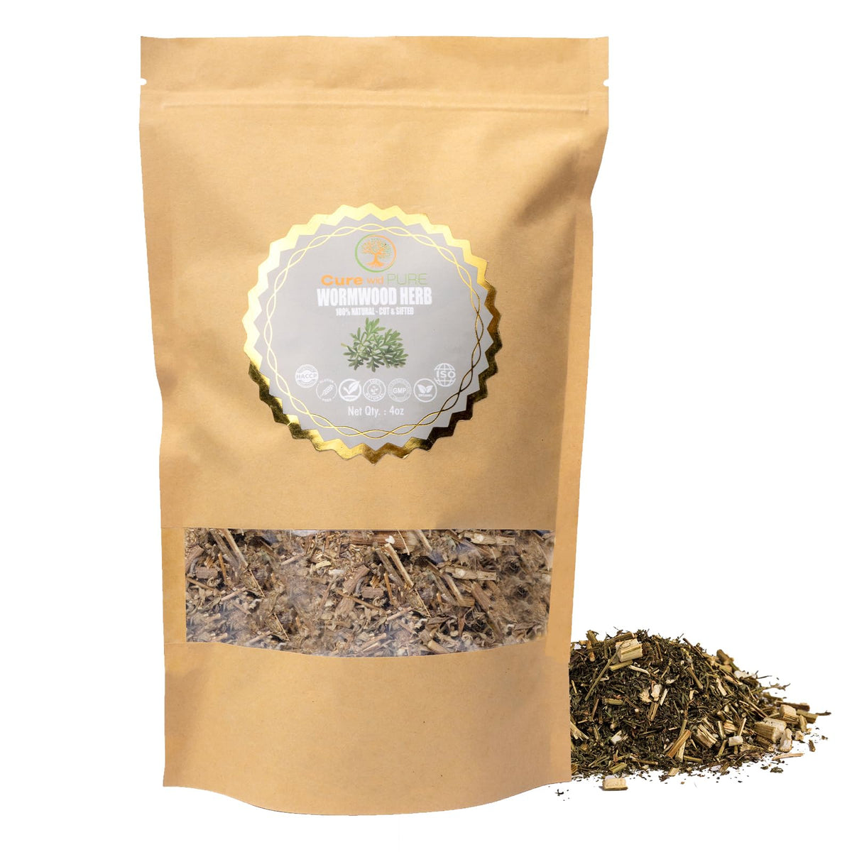 Cure wid Pure wormwood dried cut-sifted 4oz pouch front view for tea blends
