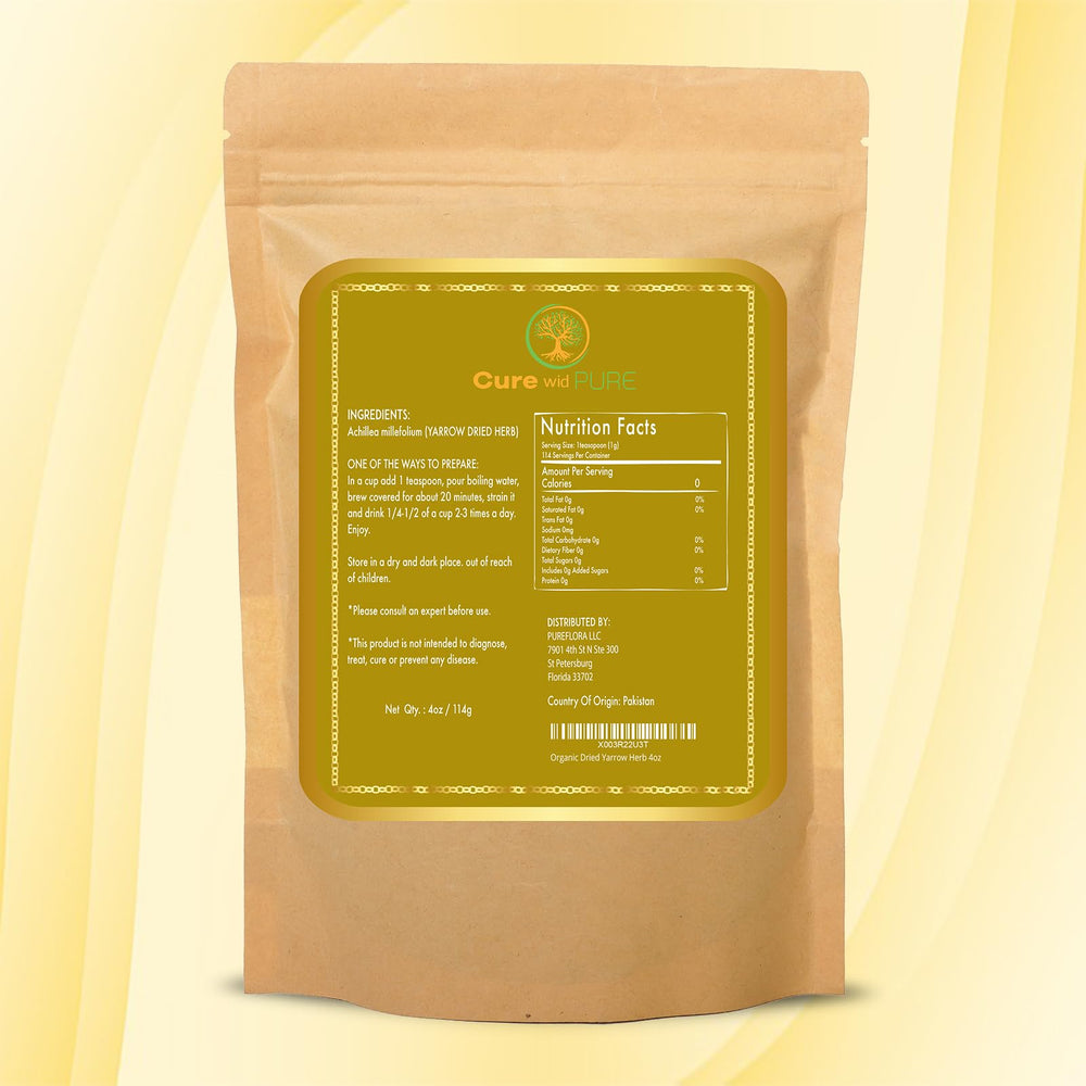 Cure wid Pure yarrow tea infusion in a cup with delicate herbal notes.