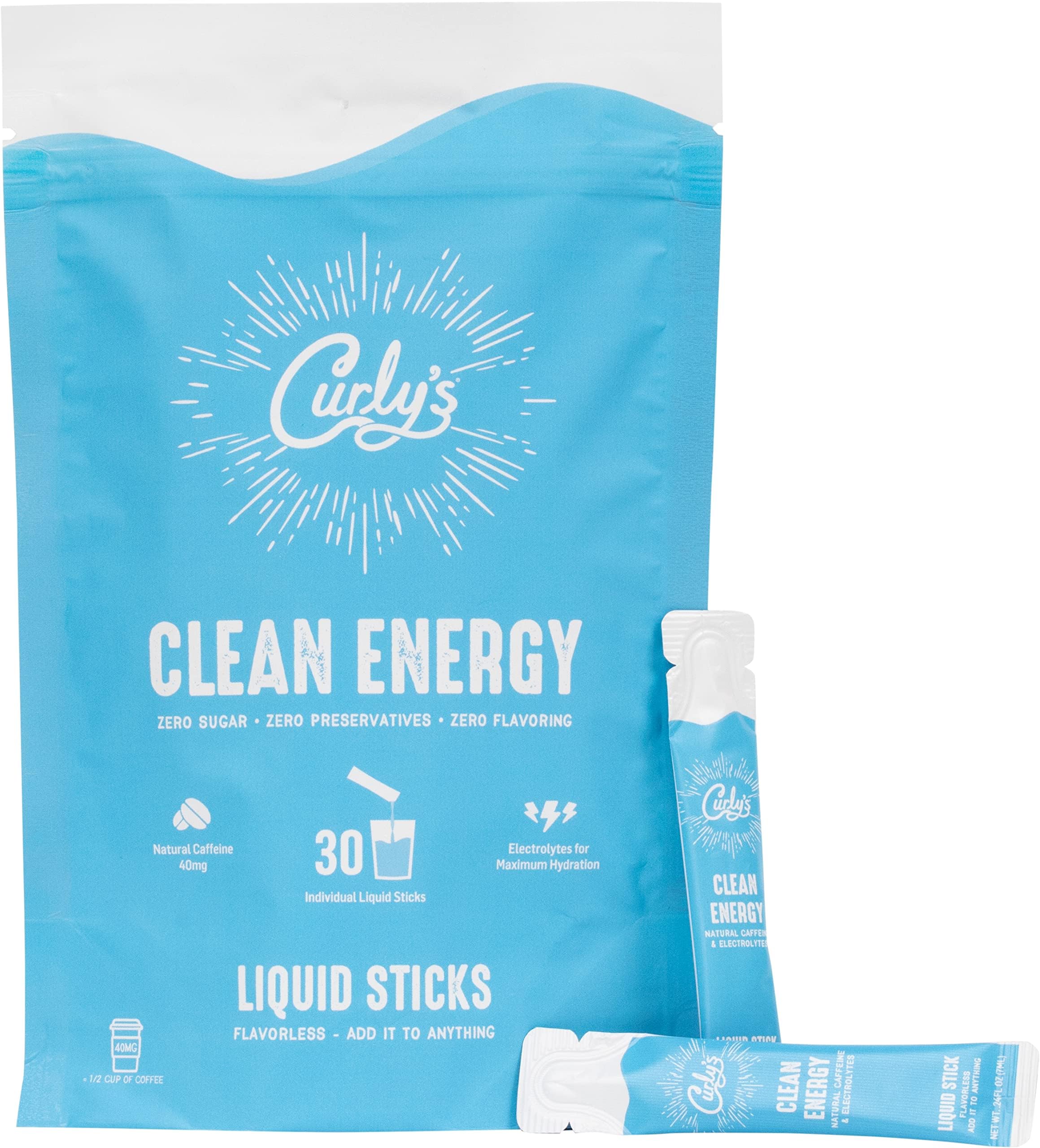 Curly's Clean Energy Sticks pack closeup showing branding and energy support