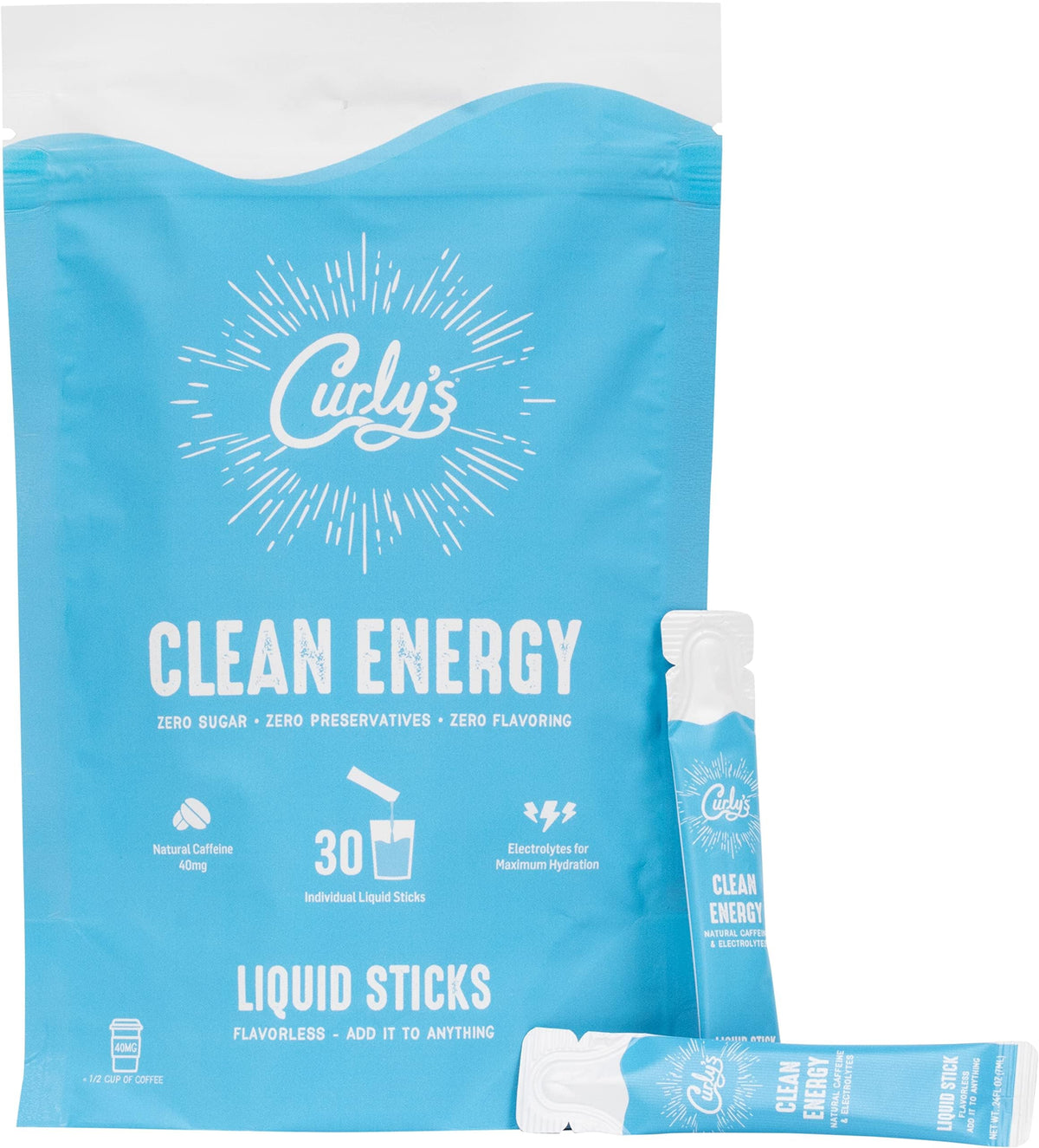 Curly's Clean Energy Sticks pack closeup showing branding and energy support