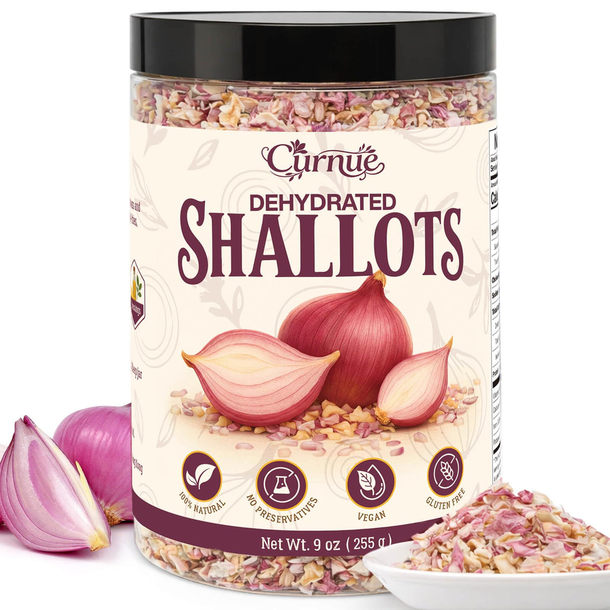 Curnue Dehydrated Shallots jar showcases pure, single-ingredient seasoning for sauces and dressings.