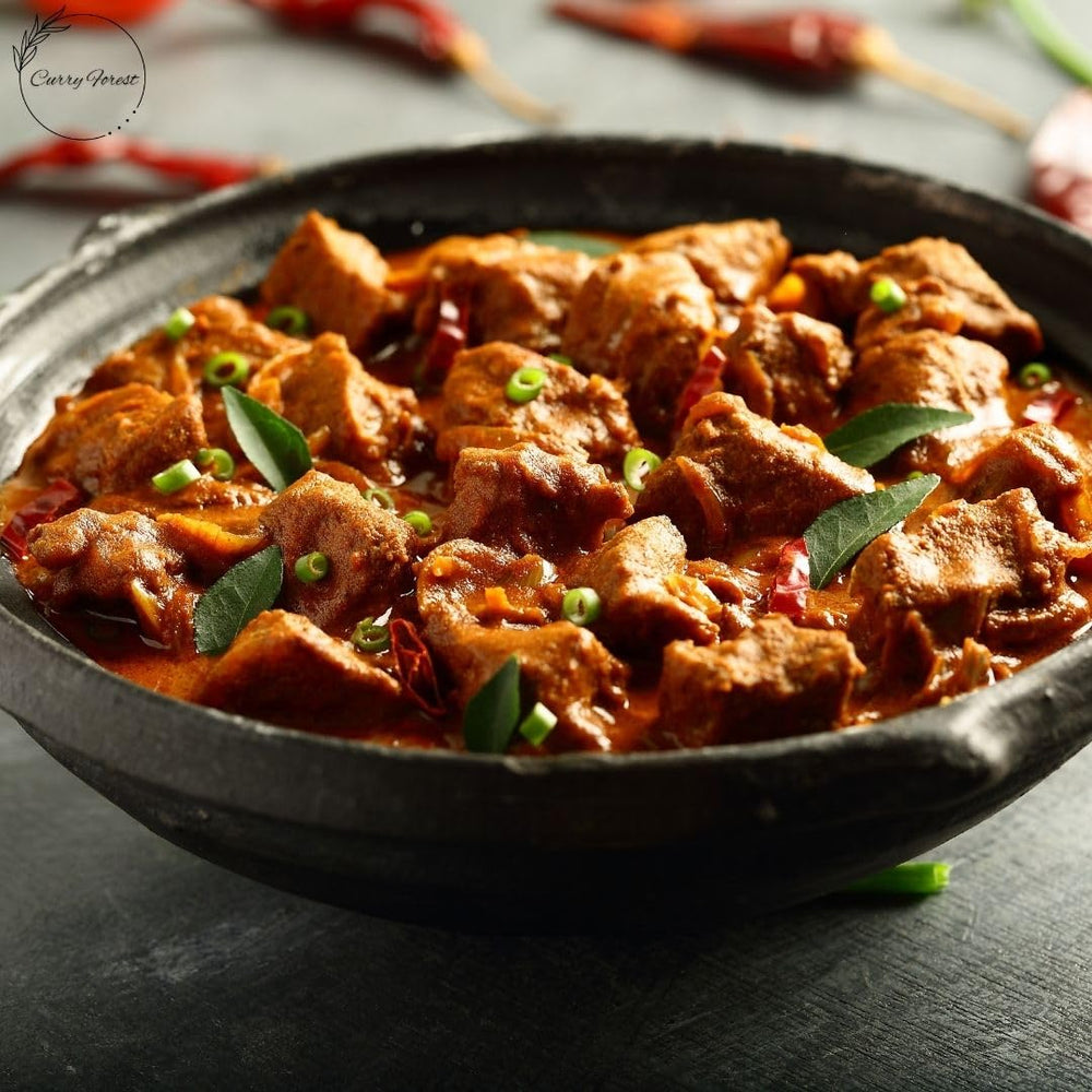 Curry Forest dried leaves in cooking context hint at authentic home-cooked flavor.