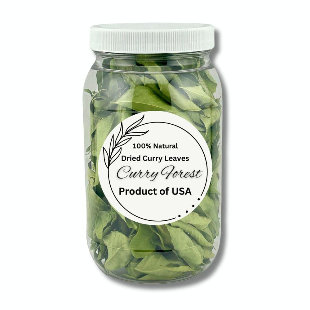 Curry Forest premium dried curry leaves jar close-up for vibrant aroma and richer curries.