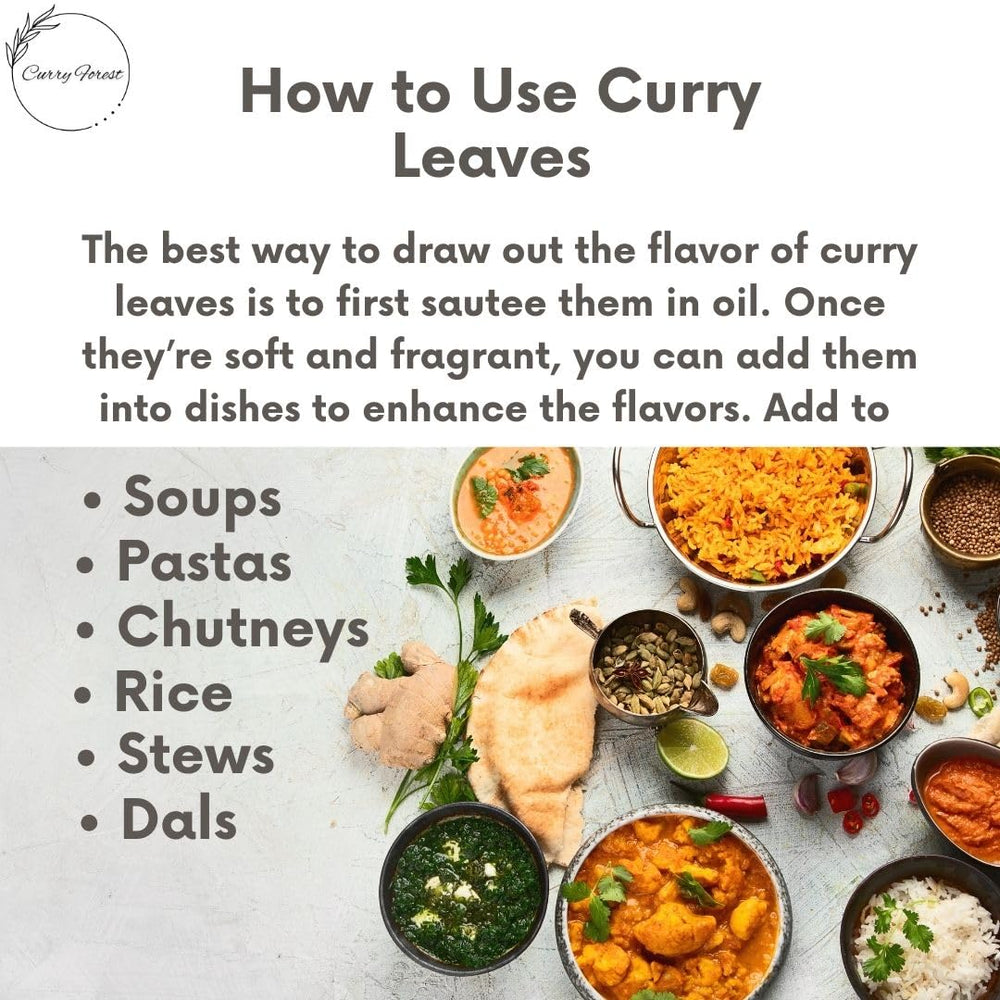 Curry Forest shade-dried curry leaves retain color and citrus notes for curry bases.