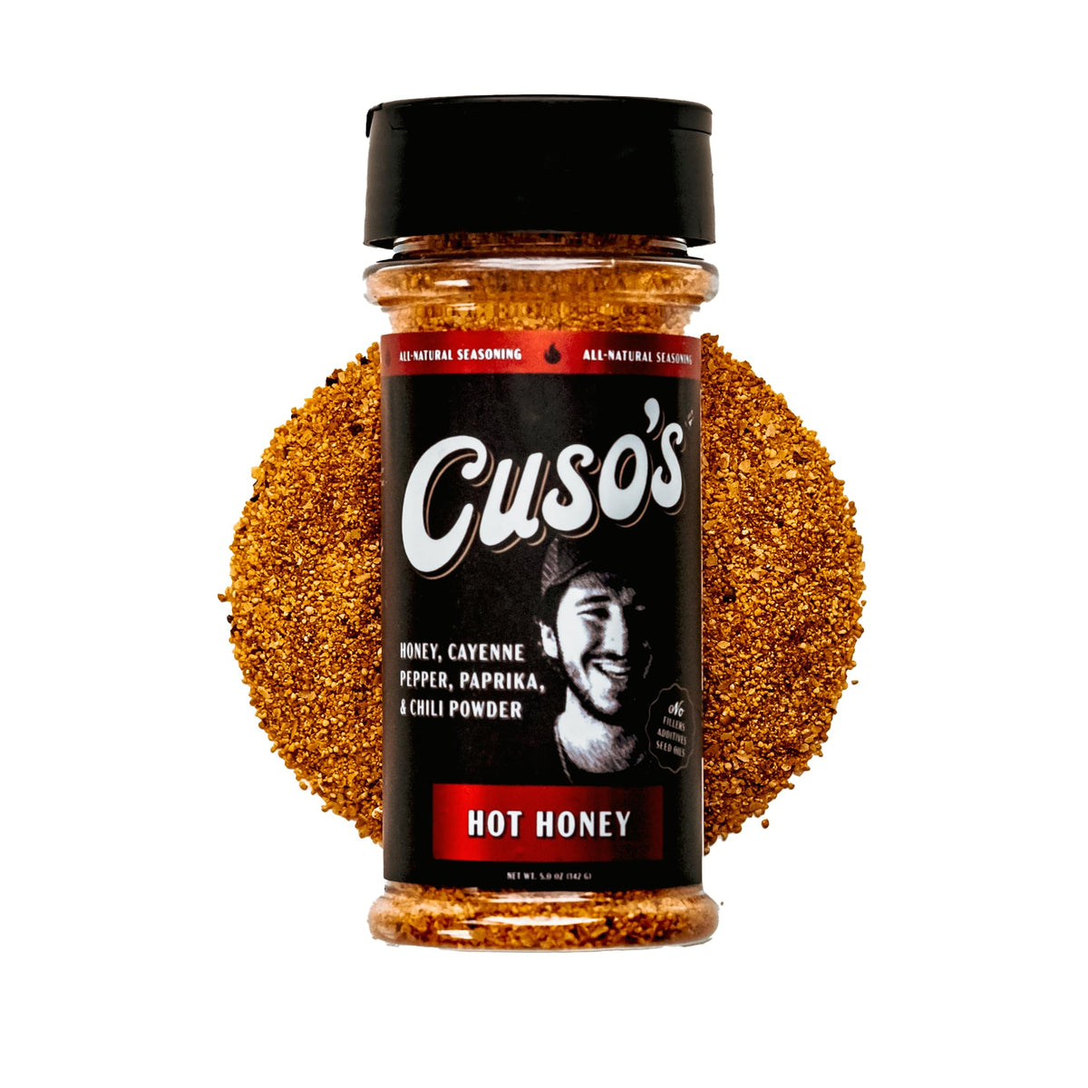 Cuso Cuts Hot Honey BBQ Rub bottle adds bold, sweet heat to meals.