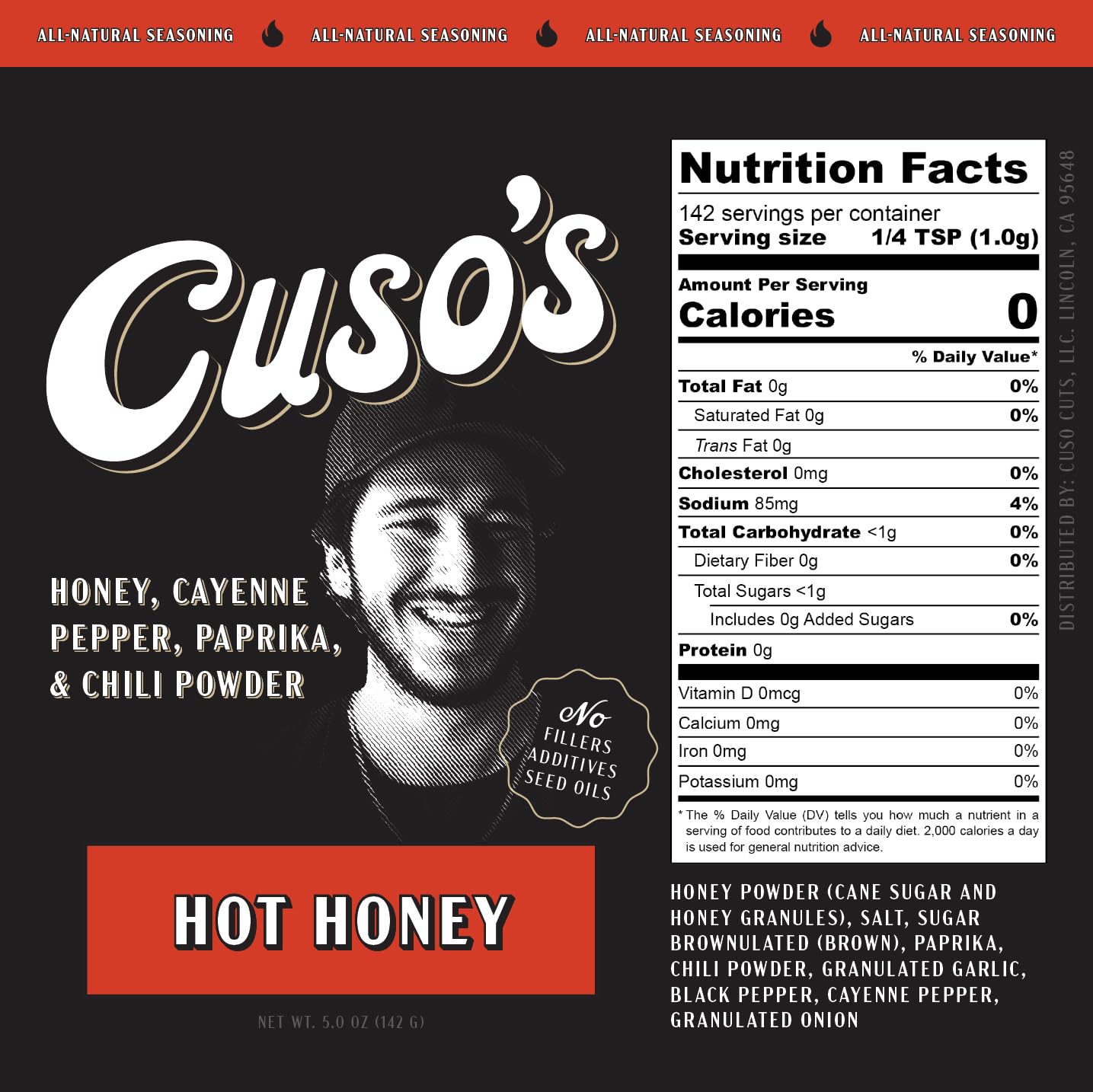 Cuso Cuts Hot Honey BBQ Rub on grill highlights versatile meat seasoning.