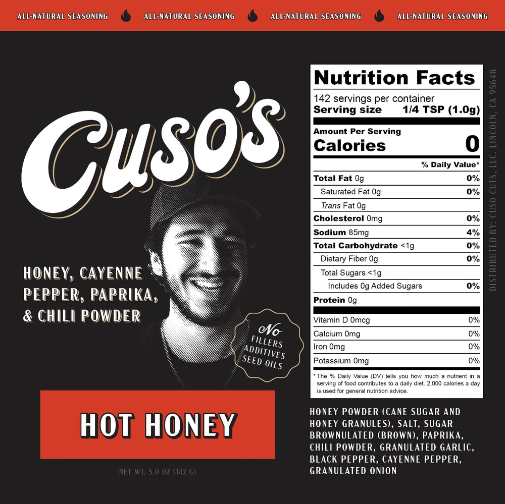 Cuso Cuts Hot Honey BBQ Rub on grill highlights versatile meat seasoning.