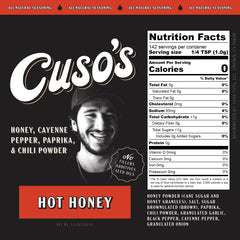 Cuso Cuts Hot Honey BBQ Rub on grill highlights versatile meat seasoning.