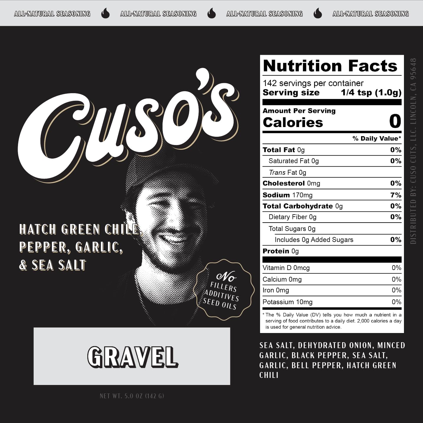 Cuso Cuts Gravel BBQ Rub label closeup highlighting natural ingredients