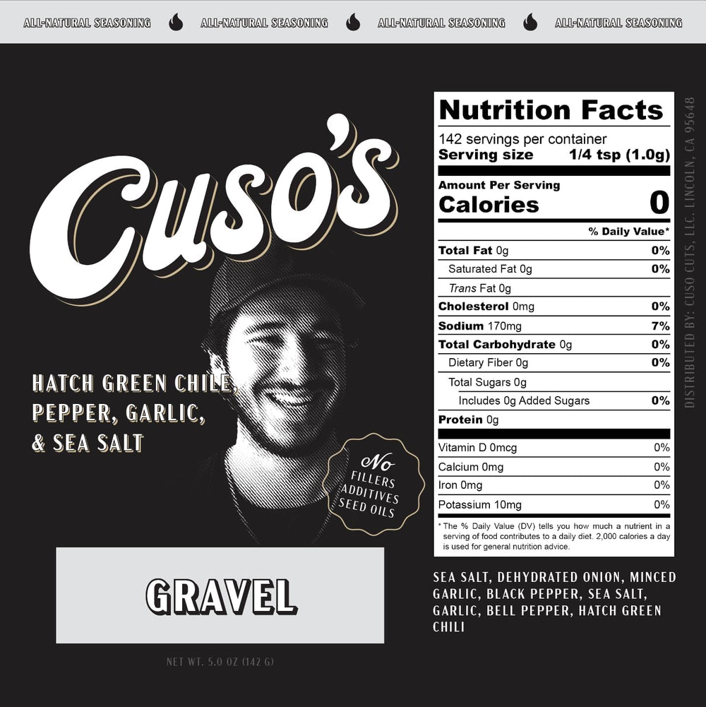 Cuso Cuts Gravel BBQ Rub label closeup highlighting natural ingredients