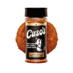 Cuso's Cuts Spicy Garlic Buffalo Rub bottle on counter for bold grilling