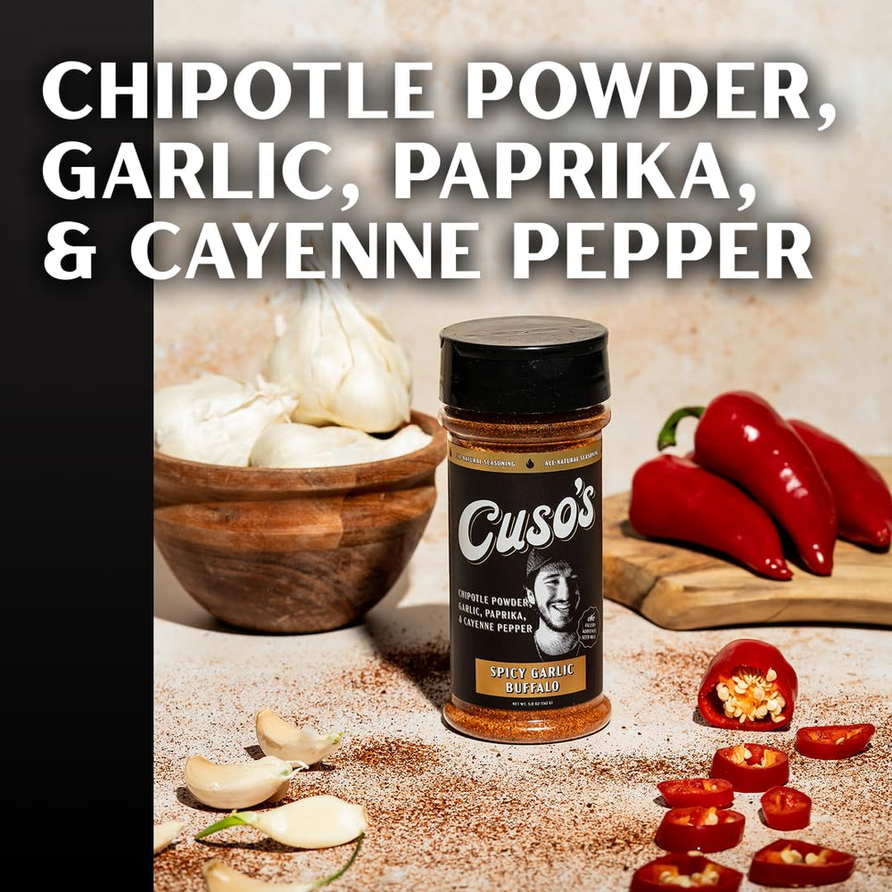 Cuso's Cuts Rub dispensed from shaker, highlighting spice blend for grilling
