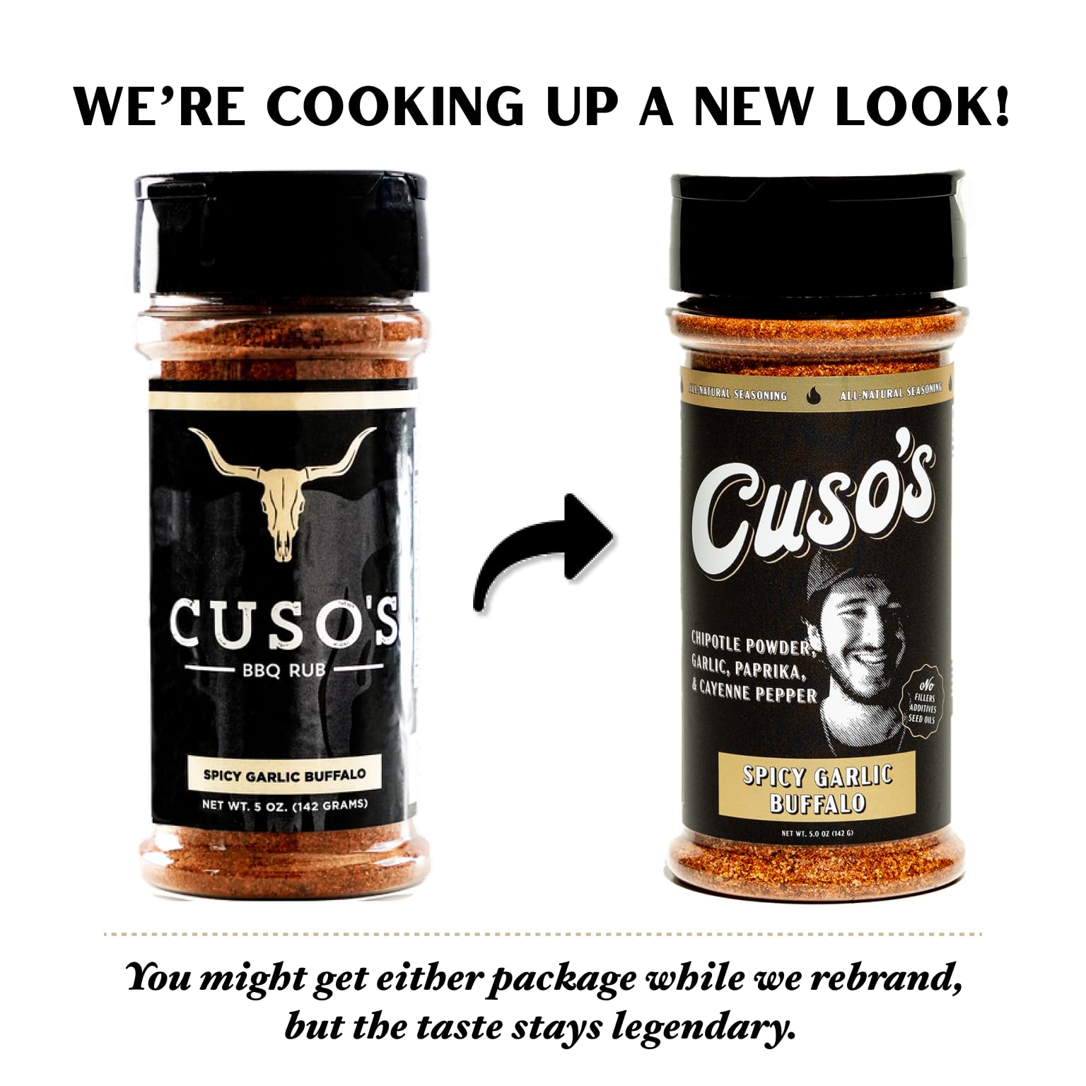 Home cooking scene with grill tools and Cuso's Cuts rub