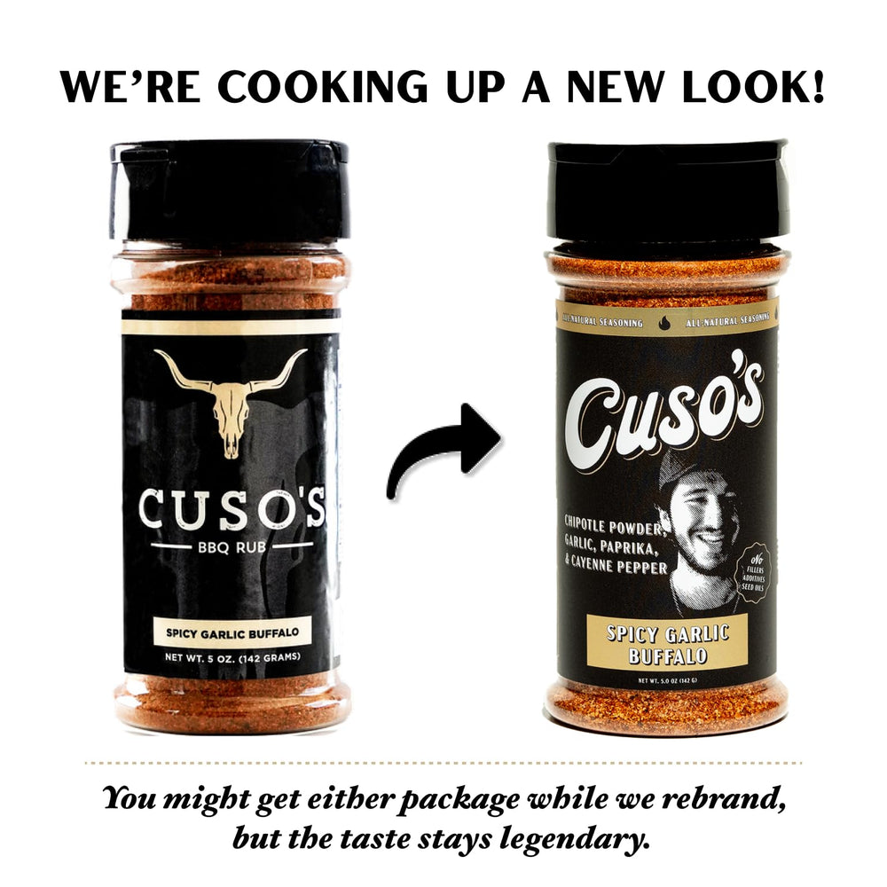Home cooking scene with grill tools and Cuso's Cuts rub
