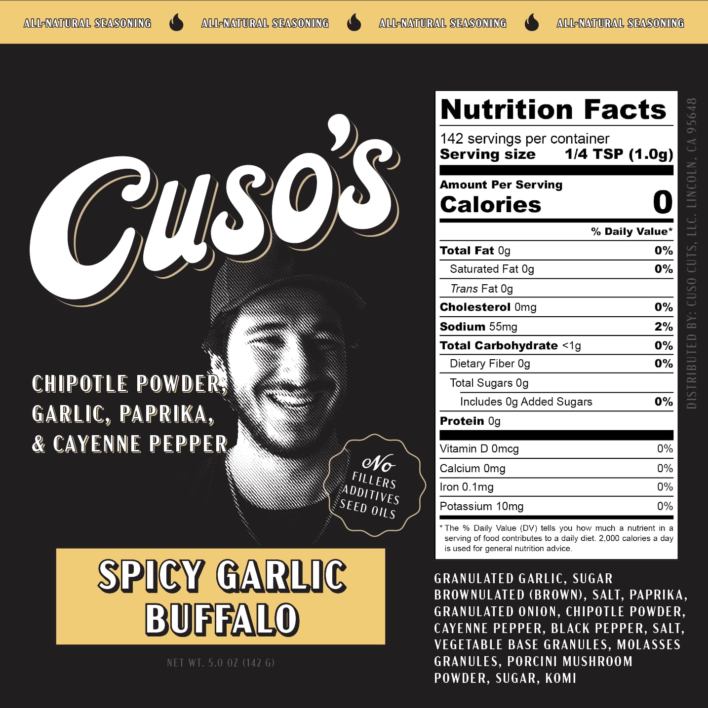Close-up of Cuso's Cuts Rub label showing garlic and buffalo notes for wings