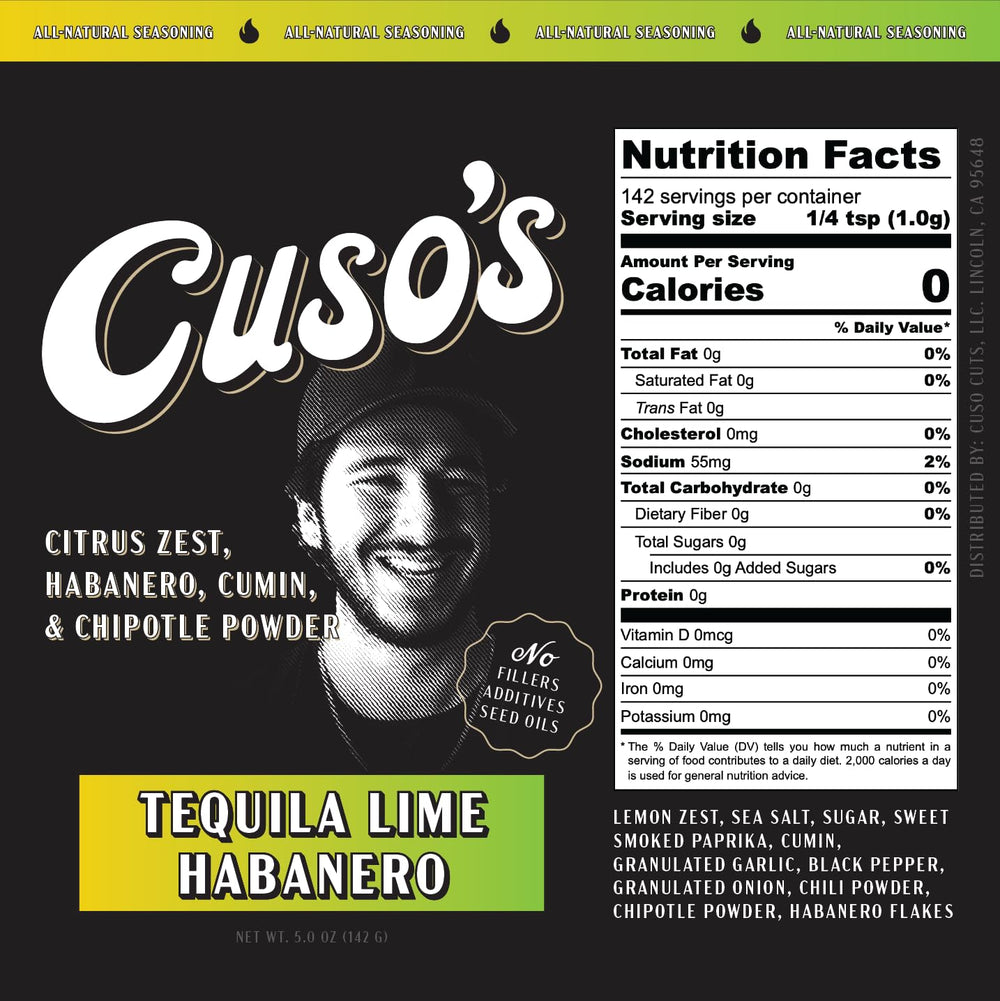 Cuso Cuts Tequila Lime Habanero seasoning label emphasizes premium ingredients