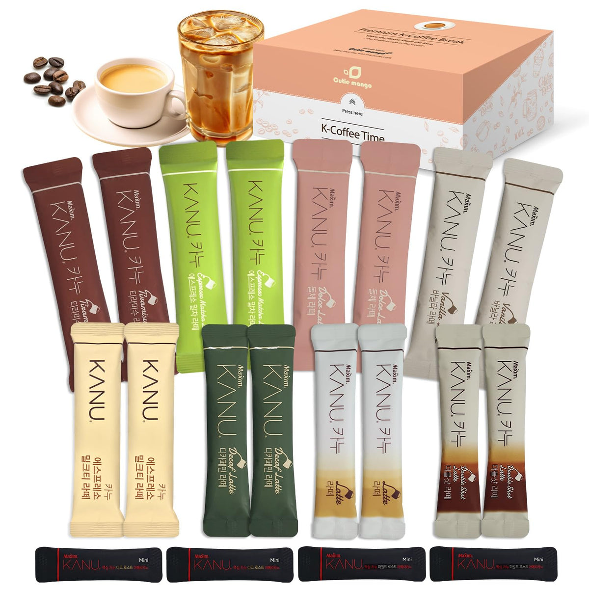 Cutie Mango KANU instant coffee sampler on display for quick café-style drinks.