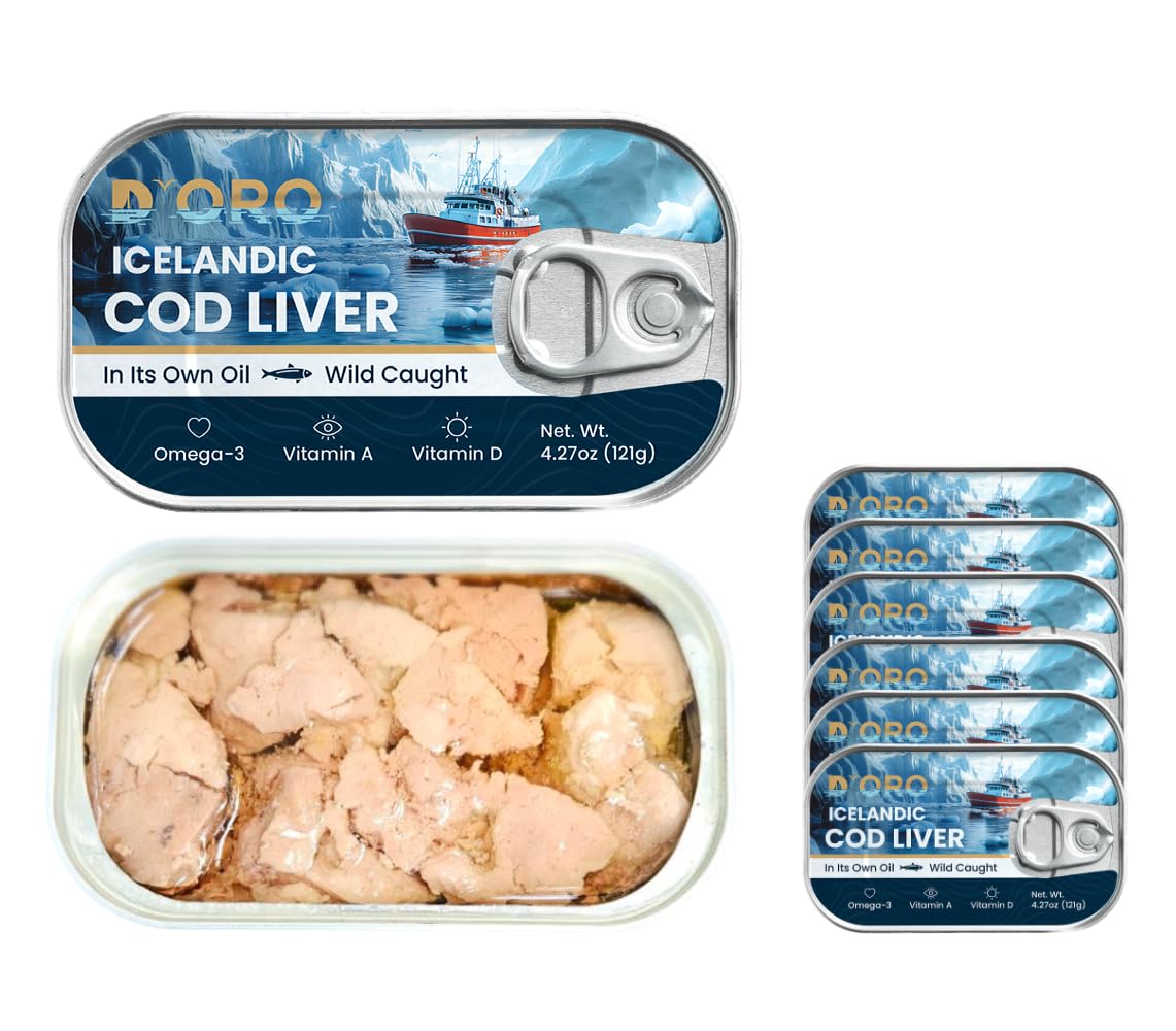 D’ORO Icelandic Cod Liver in Own Oil pack showcases premium packaging for gourmet use.