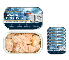 D’ORO Icelandic Cod Liver in Own Oil pack showcases premium packaging for gourmet use.