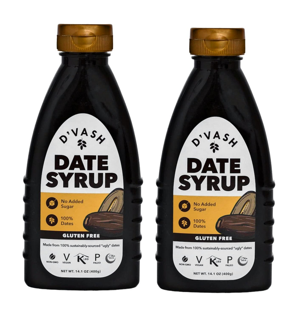 D'Vash Date Syrup bottle pour, natural sweetener for baking and toppings.