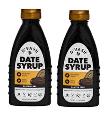 D'Vash Date Syrup bottle pour, natural sweetener for baking and toppings.