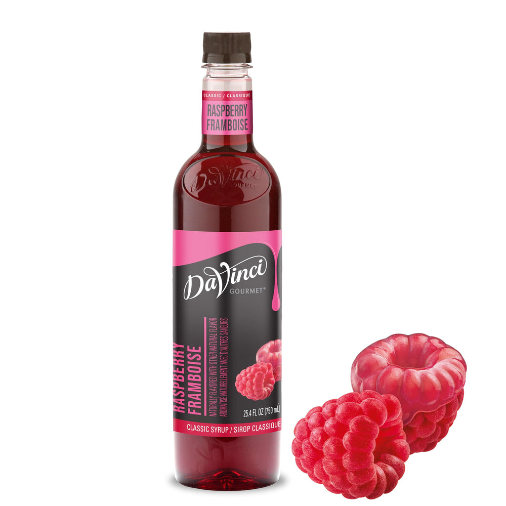 DaVinci Gourmet Classic Raspberry Syrup bottle showing fresh berry flavor for beverages