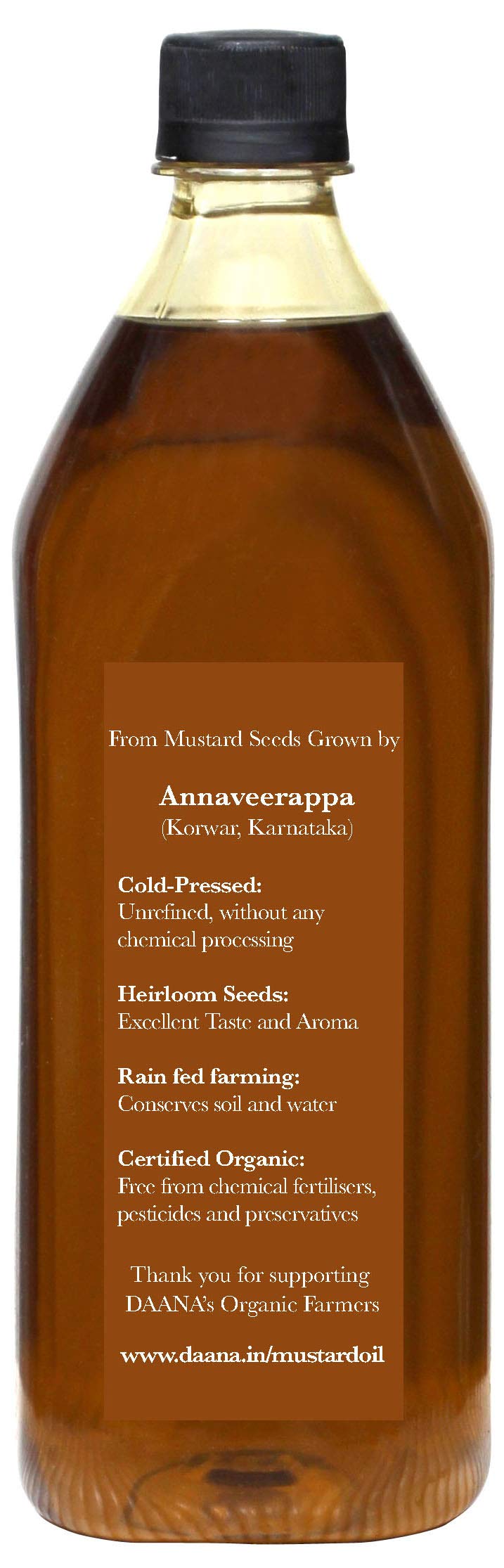 Label detail of DAANA mustard oil with organic certification and ingredients