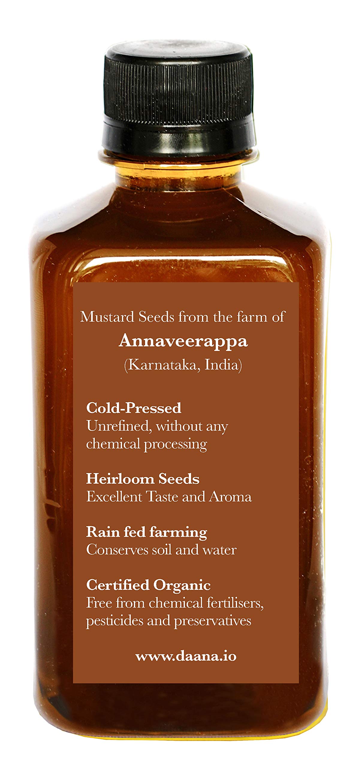 Daana Mustard Oil label detail highlights USDA Organic and unrefined quality