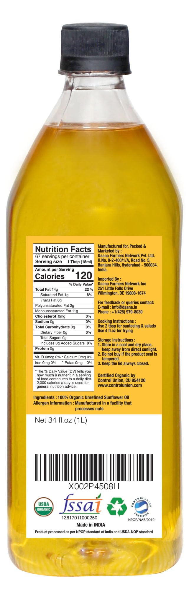 DAANA Sunflower Oil bottle pour shot showing smooth flow