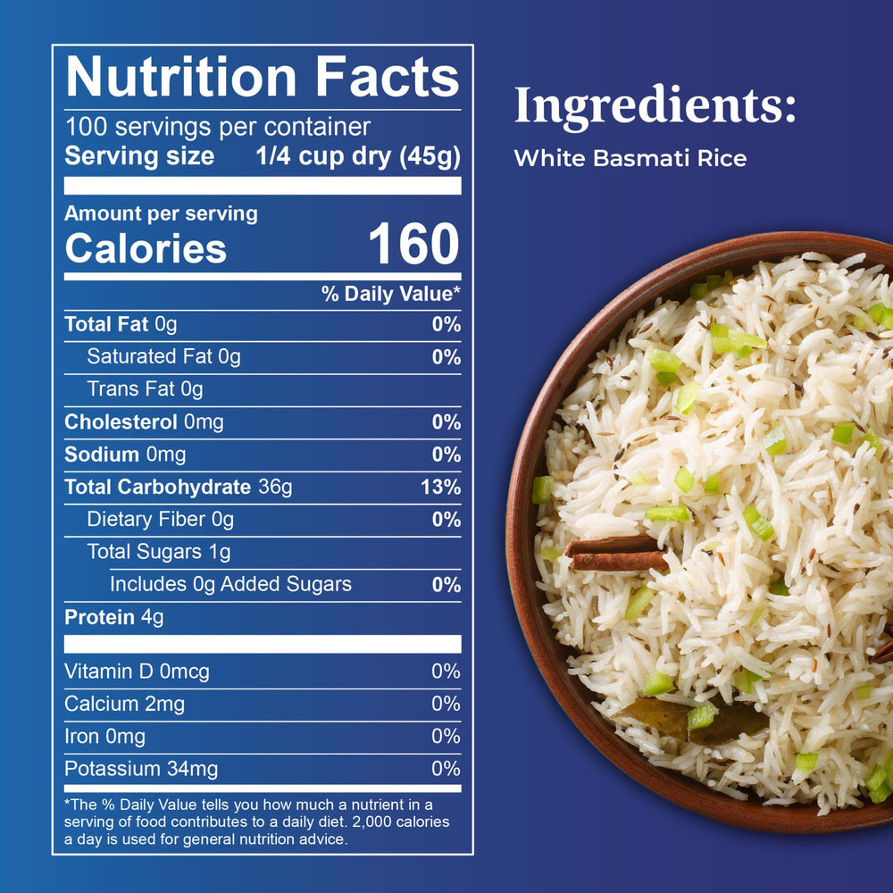 Daawat pearly-white grains highlight premium texture for steamed or fried rice.