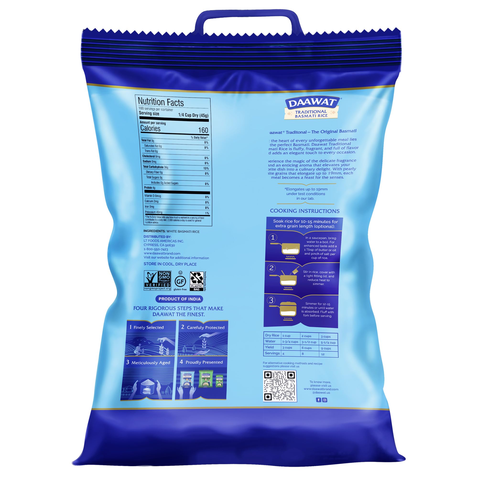 Daawat traditional basmati rice raw grain closeup highlighting long grains ideal for fluffier pilafs.