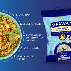 Daawat traditional basmati rice cooking steam captures fragrant aroma when simmered.