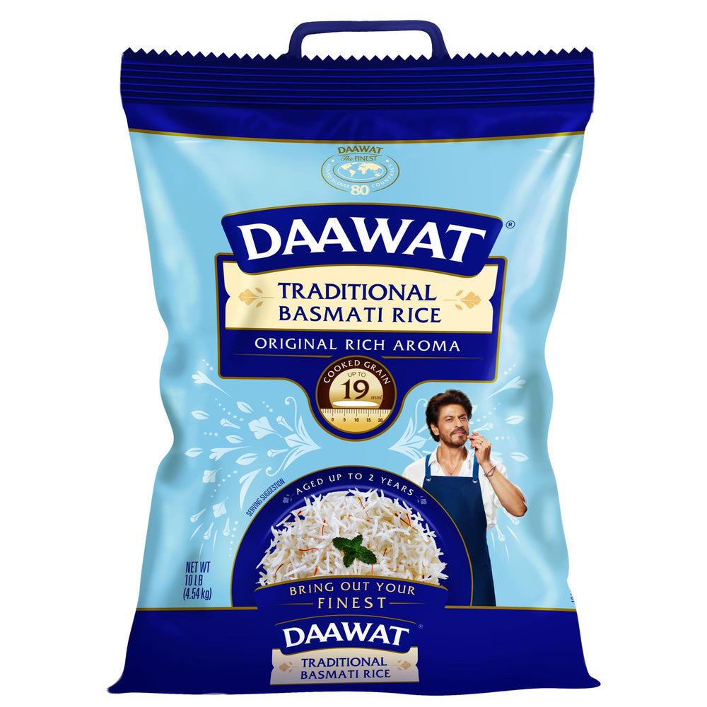 Daawat traditional basmati white rice 10lb bag delivers premium grains for aromatic meals.