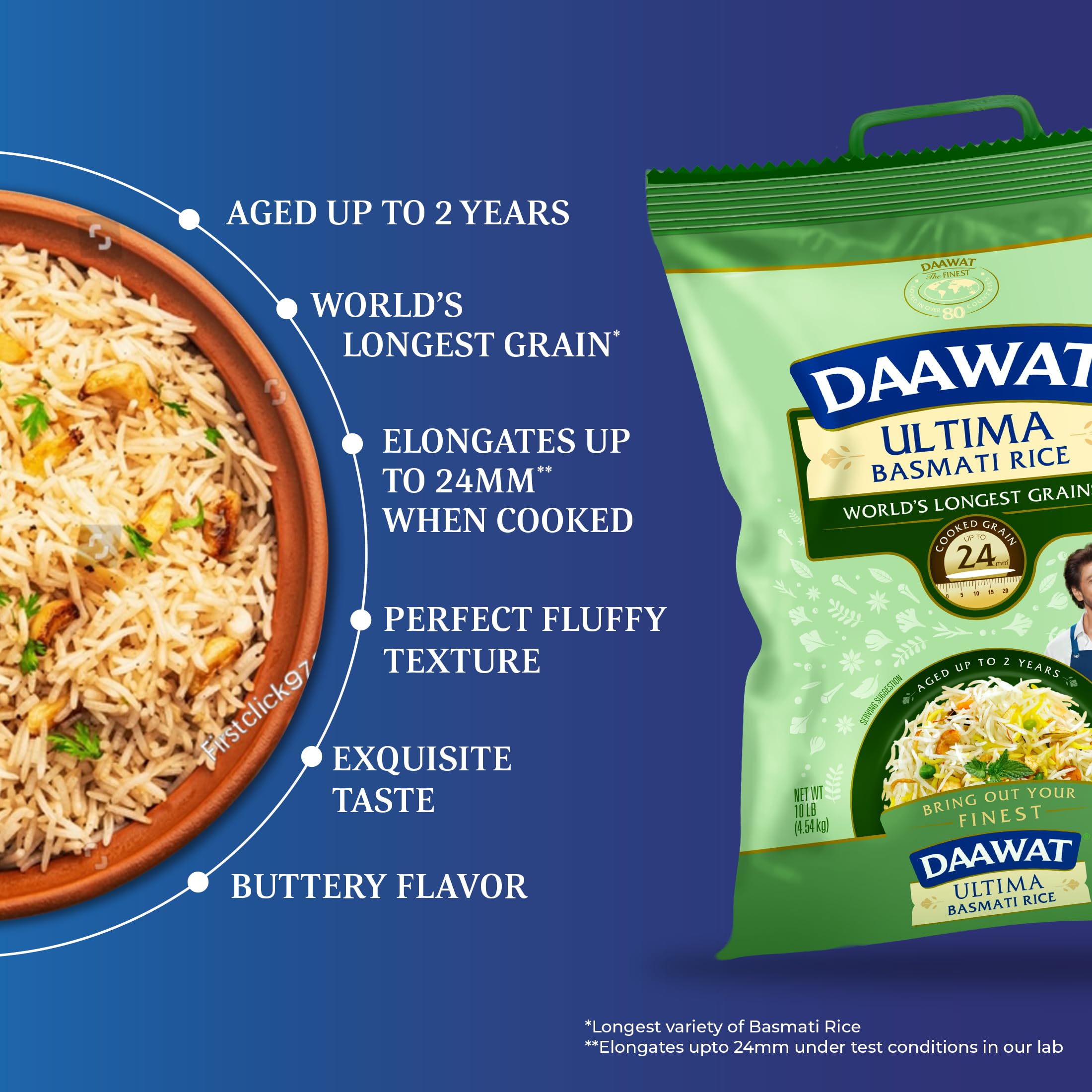 Daawat Ultima steaming rice bowl with aroma, ideal for fragrant biryanis.