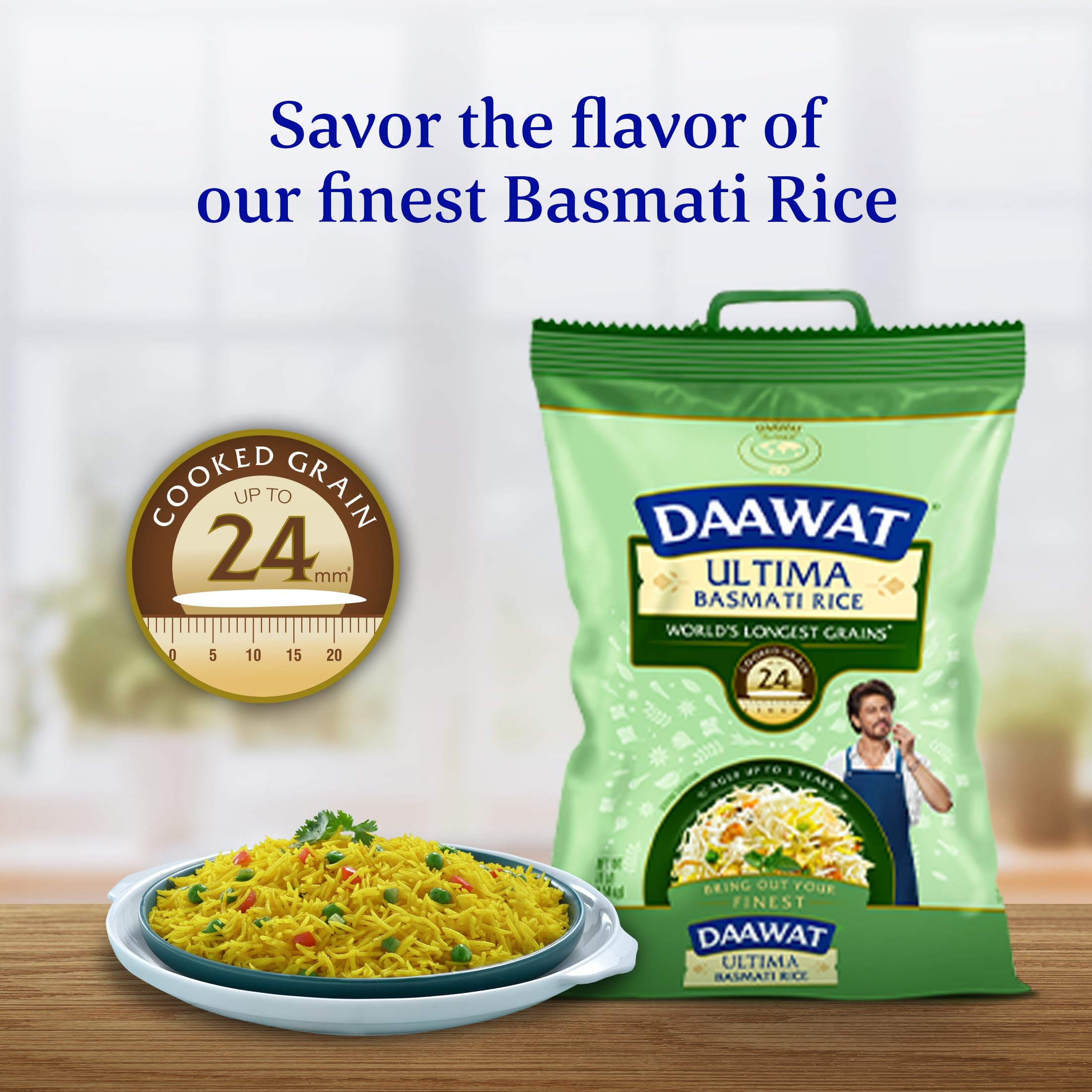 Daawat Ultima served rice, glossy grains, enhances curries and side dishes.