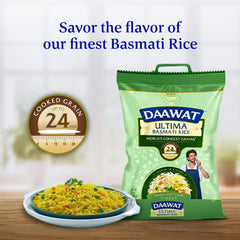 Daawat Ultima served rice, glossy grains, enhances curries and side dishes.
