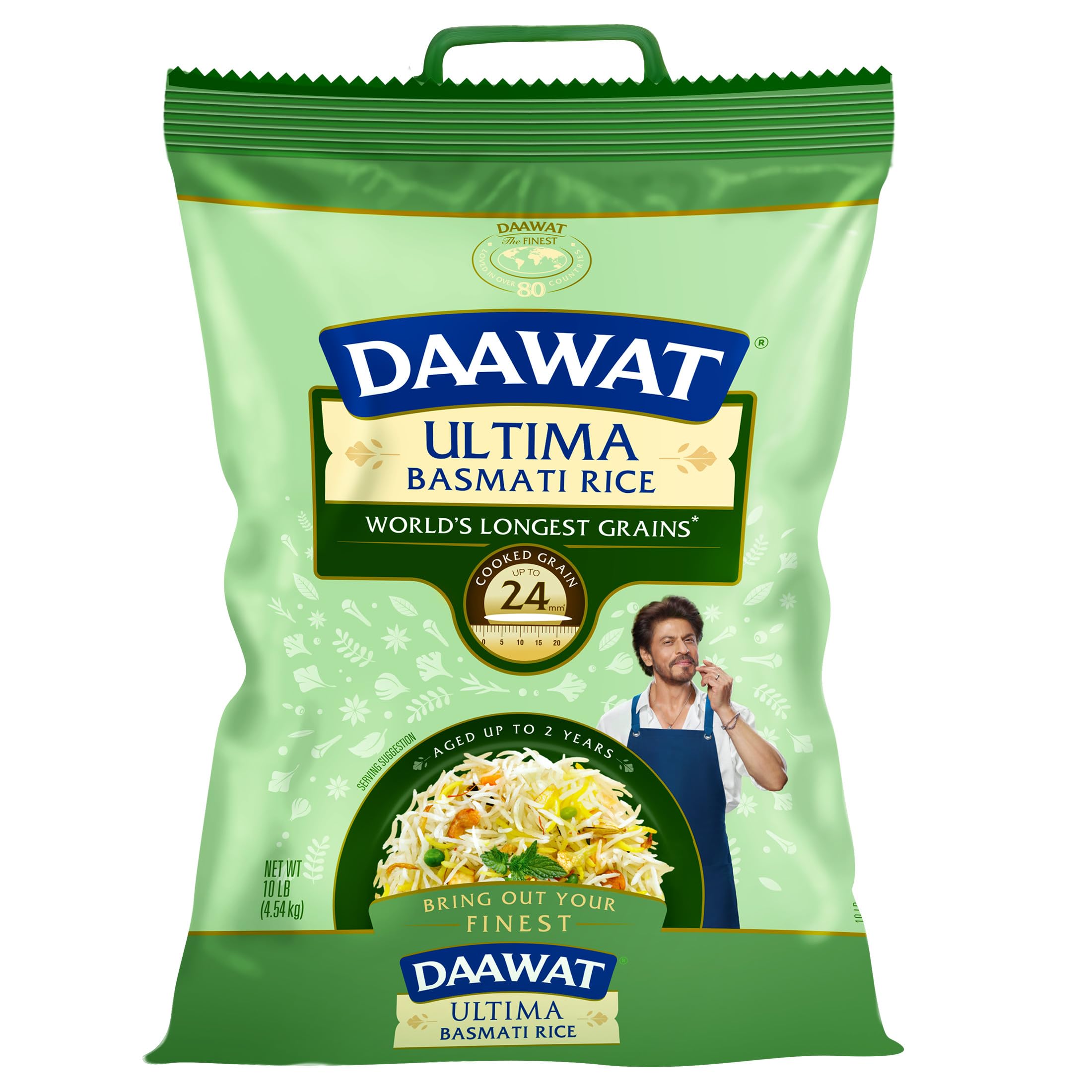 Daawat Ultima 10lb bag of basmati rice on display, premium pantry staple for authentic meals.