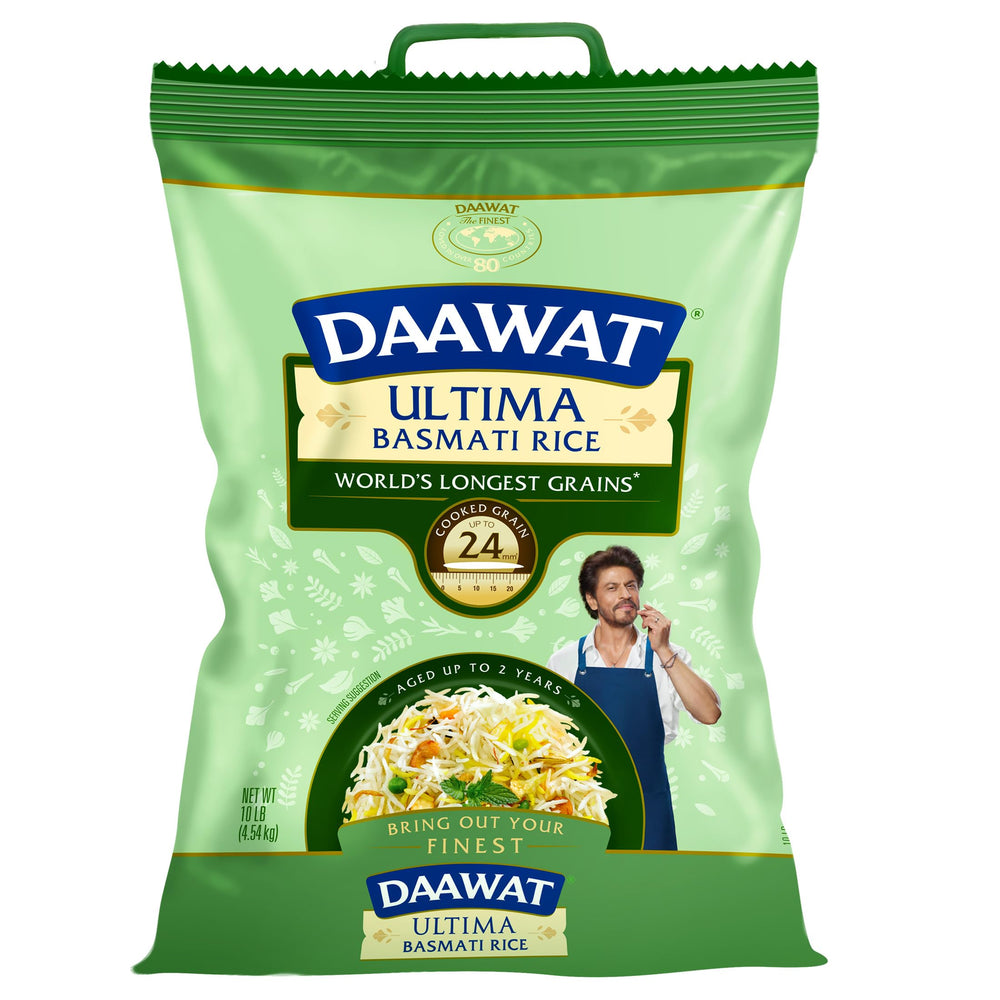 Daawat Ultima 10lb bag of basmati rice on display, premium pantry staple for authentic meals.