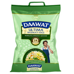 Daawat Ultima 10lb bag of basmati rice on display, premium pantry staple for authentic meals.