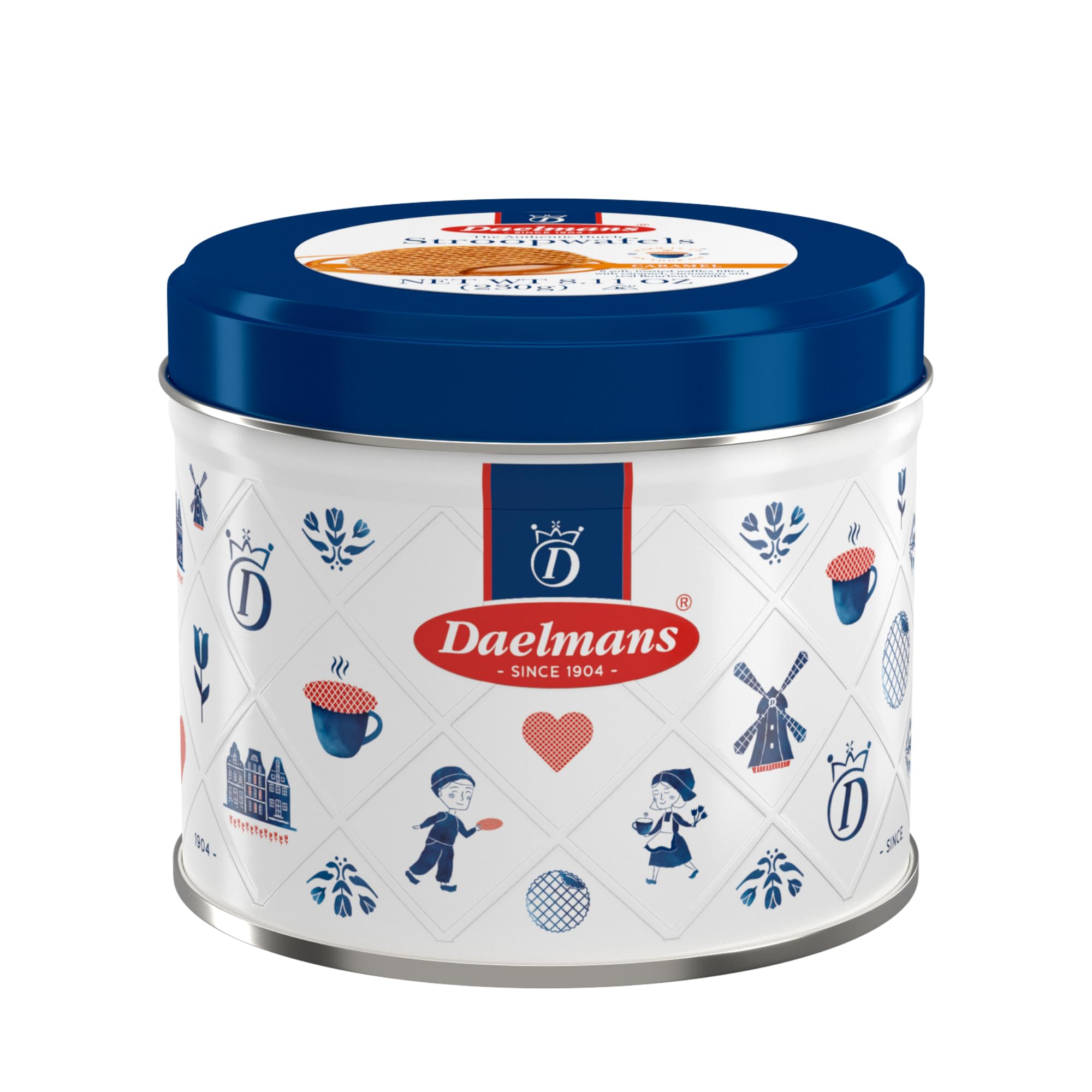 Daelmans Caramel Stroopwafels gift tin front, ideal for gifting and sharing.