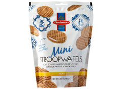 Daelmans mini honey stroopwafels in a resealable pouch for on-the-go snacking.