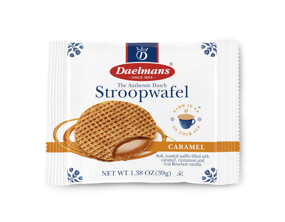 Daelmans Stroopwafel caramel original, soft waffle with caramel, ideal with coffee.