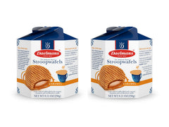Daelmans Stroopwafels caramel-soft waffles in a two-pack box ready to share.