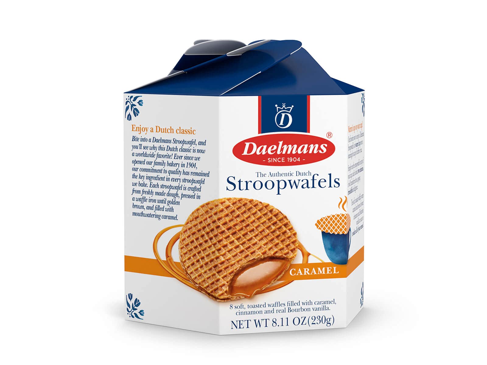Daelmans caramel-filled waffles with cinnamon and vanilla, ideal with coffee.