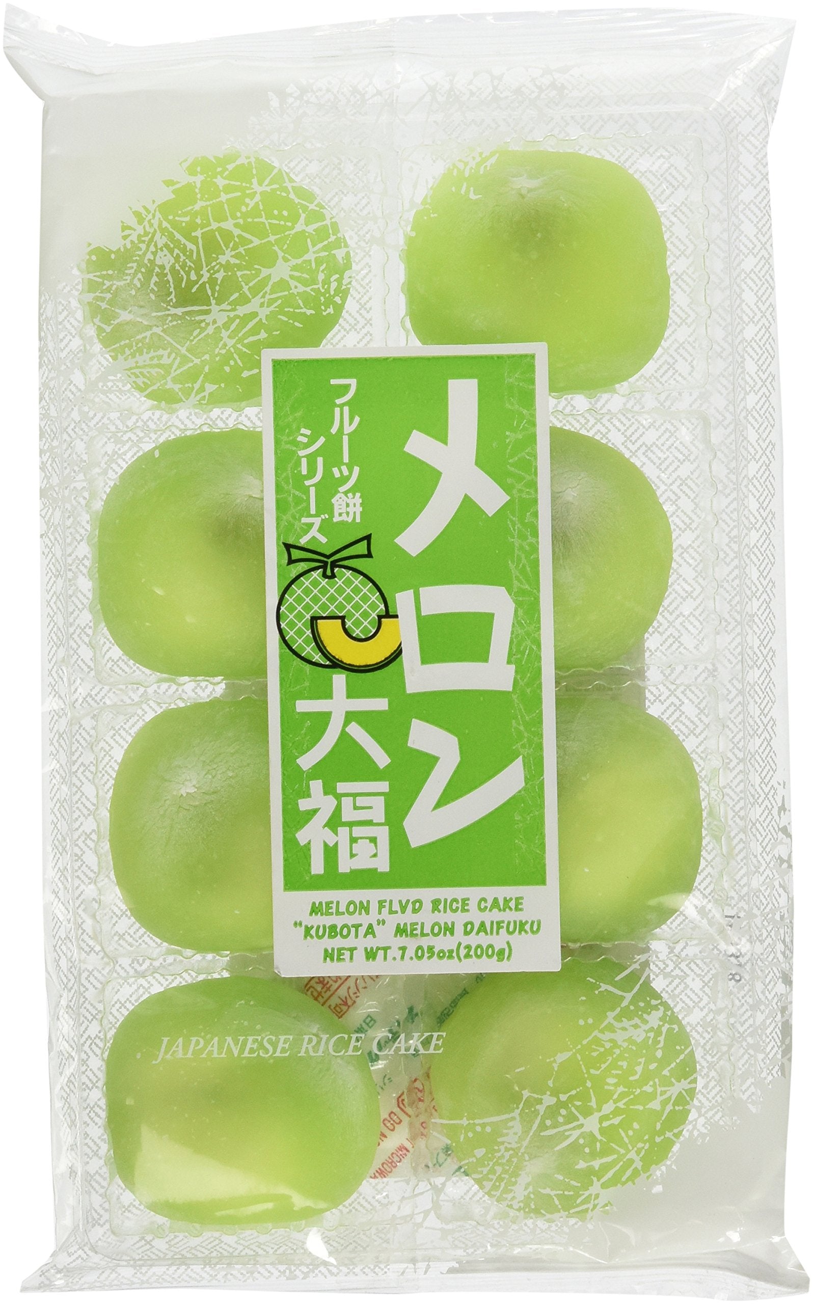 Daifuku Melon Flavor Mochi: soft green mochi with melon notes, ideal snack or dessert.